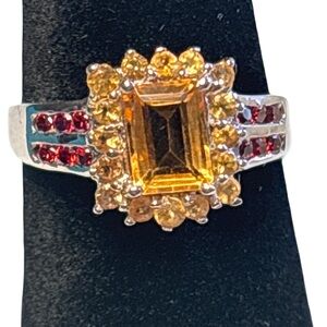 Elegant Silver Ring with Yellow and Red Stones 925 Sterling Silver Size 7